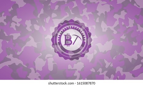 bitcoin mining icon on pink camouflaged texture