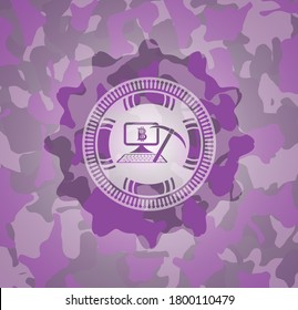 bitcoin mining icon on pink camouflage texture. 