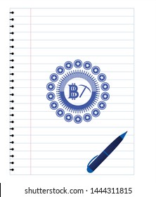 bitcoin mining icon pen draw. Blue ink. Vector Illustration. Detailed.