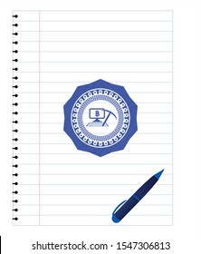 bitcoin mining icon pen draw. Blue ink. Vector Illustration. Detailed.
