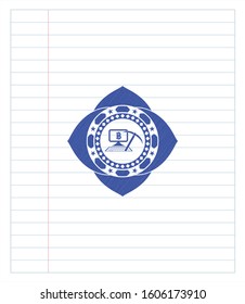 bitcoin mining icon pen emblem. Blue ink. Vector Illustration. Detailed.