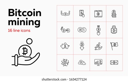 Bitcoin mining icon set. Set of line icons on white background. Bitcoin, gear, internet. Crypto currency concept. Vector illustration can be used for topics like banking, investment, profit