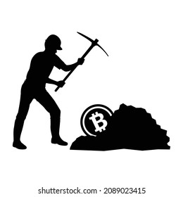 Bitcoin mining icon. Symbol of a man holding pickaxe mining tool. Scalable EPS 10 vector illustration.