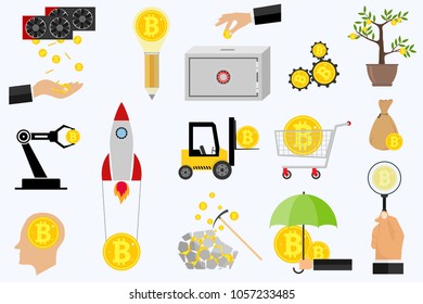 Bitcoin, Bitcoin mining, icons earnings Bitcoins. Crypto currency icon. Flat design, vector illustration, vector.