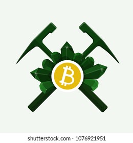 Bitcoin mining, illustration with hammers and crystals