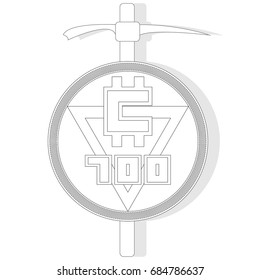 Bitcoin mining illustration with pickaxe and coin