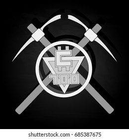 Bitcoin mining illustration with pickaxe and coin