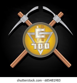 Bitcoin mining illustration with pickaxe and coin