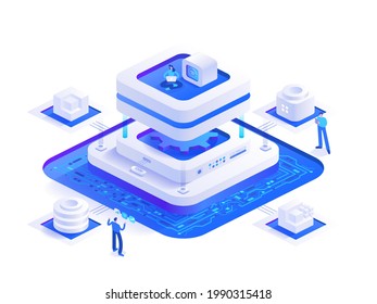 Bitcoin mining isometric concept. People work digital money mining farm hardware, blockchain technology, cryptocurrency marketplace, crypto business. Vector character illustration in isometry design