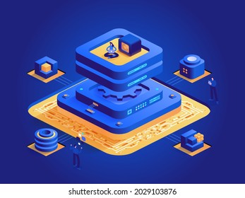 Bitcoin mining isometric concept. People work digital money mining farm hardware, blockchain technology, cryptocurrency marketplace, crypto business. Vector character illustration in isometry design