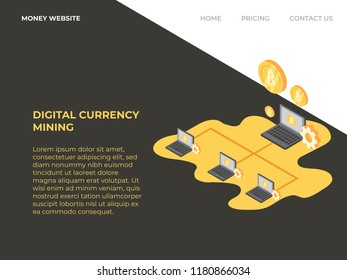 Bitcoin mining, isometric laptop workstation crypto-currency mining landing page