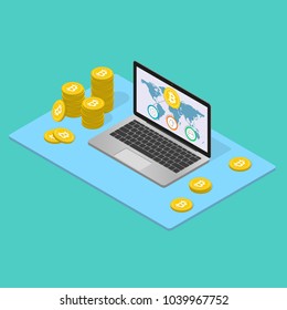 Bitcoin mining with laptop computer isometric concept. Crypto currency symbol with golden coins stack. Cryptocurrency technology design. Vector illustration. 