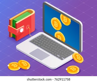 Bitcoin mining. Laptop connected with e-wallet