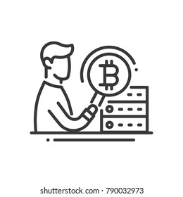 Bitcoin Mining - line design single isolated icon. Image, silhouette of a worker and a symbol of bircoin. Cryptocurrency theme