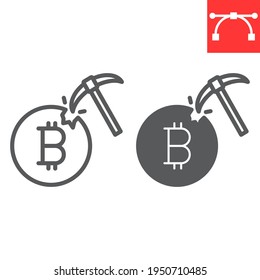 Línea de minería de bitcoin e icono de glifo, criptodivisa y bitcoína, moneda con icono de vector pickaxe, gráficos vectoriales, símbolo de contorno de trazo editable, eps 10