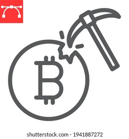 Bitcoin mining line icon, cryptocurrency and bitcoin, coin with pickaxe vector icon, vector graphics, editable stroke outline sign, eps 10