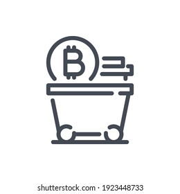 Bitcoin Mining Line Icon. Mine Cart With Stack Of Bitcoin Coins Vector Outline Sign.