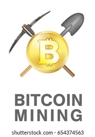 bitcoin mining logo with golden bitcoin on pickaxe and shovel