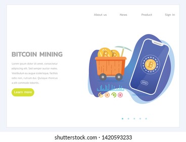 Bitcoin mining mobile phone web page design vector