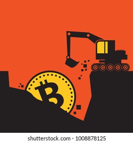 Bitcoin mining. Money Excavator at work, vector illustration
