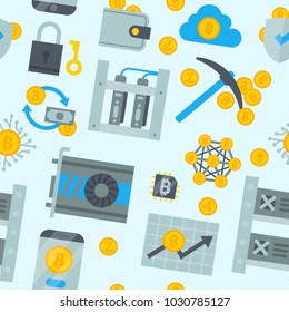 Bitcoin mining money icons vector finance internet business bit virtual crypto currence blockchain cryptocurrency coins traiding investment illustration exchange concept seamless pattern background