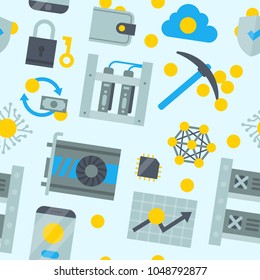Bitcoin mining money icons vector finance internet business bit virtual crypto currence blockchain cryptocurrency coins traiding investment illustration exchange concept seamless pattern background