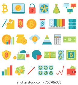 Bitcoin mining money icons vector virtual crypto currence blockchain finance internet business bit cryptocurrency coins traiding investment illustration exchange concept