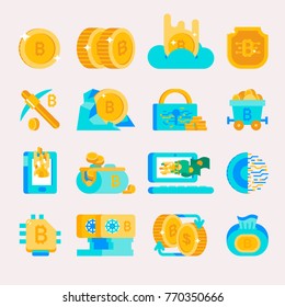Bitcoin mining money icons vector finance internet business bit virtual crypto currence blockchain cryptocurrency coins traiding investment bitcoin illustration exchange concept