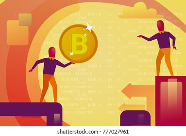 Bitcoin Mining Network Modern Crypto Currency Technology Man Holding Golden Coin Digital Web Money Concept Vector Illustration