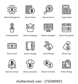 Bitcoin Mining outline Icons - stroke, vector