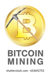 bitcoin mining with pickaxe on golden bitcoin logo
