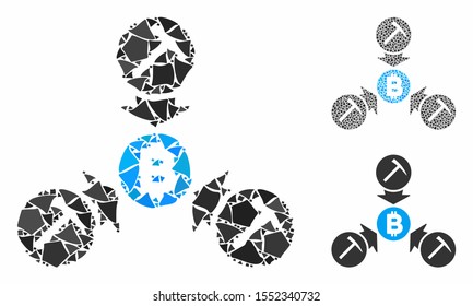 Bitcoin mining pool composition of ragged pieces in different sizes and color hues, based on Bitcoin mining pool icon. Vector ragged pieces are composed into collage.