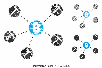 Bitcoin mining pool composition of rugged parts in different sizes and shades, based on Bitcoin mining pool icon. Vector rugged dots are grouped into collage.