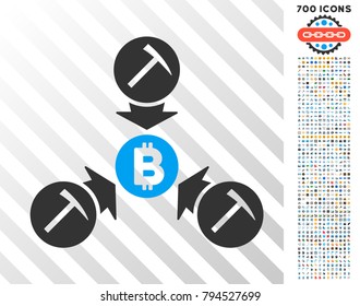 Bitcoin Mining Pool icon with 700 bonus bitcoin mining and blockchain pictures. Vector illustration style is flat iconic symbols design for cryptocurrency apps.