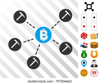 Bitcoin Mining Pool icon with bonus casino graphic icons. Vector illustration style is flat iconic symbols. Designed for casino software.