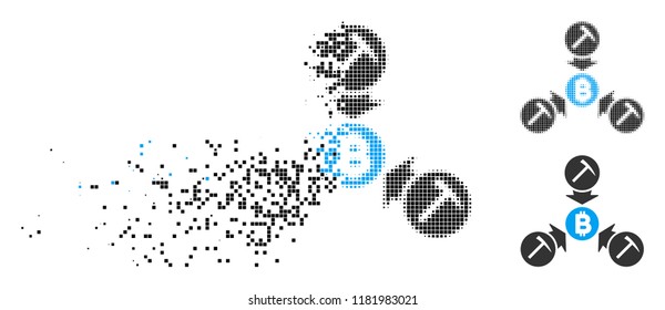 Bitcoin mining pool icon in fractured, dotted halftone and whole variants. Fragments are grouped into vector disappearing Bitcoin mining pool shape. Disappearing effect uses rectangle dots.