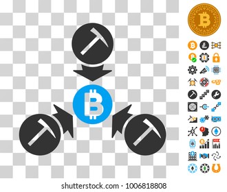 Bitcoin Mining Pool pictograph with bonus bitcoin mining and blockchain design elements. Vector illustration style is flat iconic symbols. Designed for blockchain apps.