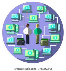 Bitcoin mining process vector illustration with tao male characters