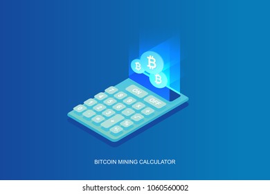 Bitcoin Mining Profitability Calculator. Cryptocurrency and blockchain isometric concept. Exchange currency review.
