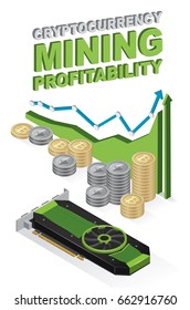 Bitcoin mining profitability chart with easily accessible Video Graphics Card (GPU). Copy space included. Flat 3D isometric vector illustration.