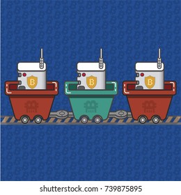 Bit-coin mining rig computers severs carts concept illustration