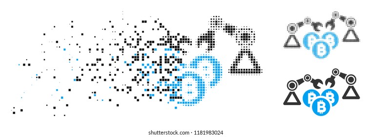 Bitcoin mining robotics icon in dispersed, dotted halftone and entire variants. Pixels are combined into vector disappearing Bitcoin mining robotics icon. Disappearing effect involves rectangle dots.