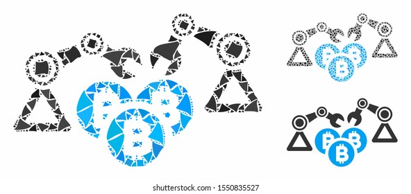 Bitcoin mining robotics mosaic of unequal items in different sizes and shades, based on Bitcoin mining robotics icon. Vector ragged items are united into collage.