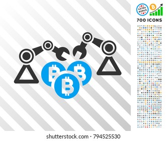 Bitcoin Mining Robotics pictograph with 7 hundred bonus bitcoin mining and blockchain icons. Vector illustration style is flat iconic symbols design for bitcoin apps.