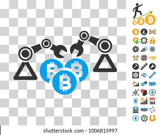 Bitcoin Mining Robotics pictograph with bonus bitcoin mining and blockchain icons. Vector illustration style is flat iconic symbols. Designed for blockchain ui toolbars.