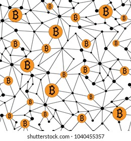 Bitcoin mining seamless pattern. Golden flat coins in the net on the white background. Vector illustration.
