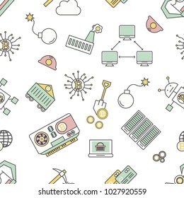 Bitcoin mining seamless pattern. Vector modern thin line flat style design with cryptocurrency mining icons and symbols.