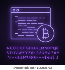 Bitcoin mining software neon light icon. Blockchain coding. Crypto mining programming.  Blockchain development. Glowing sign with alphabet, numbers and symbols. Vector isolated illustration