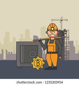 Bitcoin mining strongbox and worker with pick