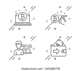 Bitcoin mining, Bitcoin and Success business line icons set. Wallet sign. Cryptocurrency pickaxe, Cryptocurrency laptop, Growth chart. Money payment. Finance set. Vector